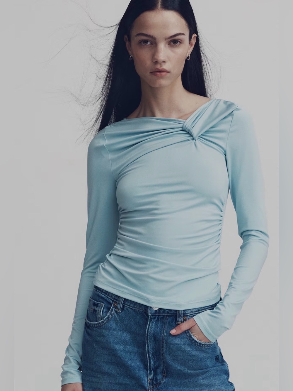 H&M Pale Blue Twist-Detail Long Sleeve Top